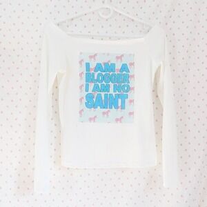 cream off shoulder long sleeve graphic top blogger slogan y2k